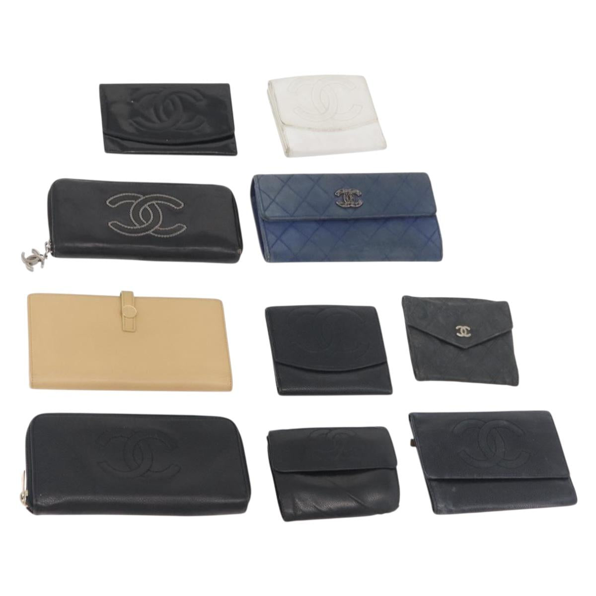 CHANEL Wallet Lamb Skin 10 Set Black White beige CC Auth CB256