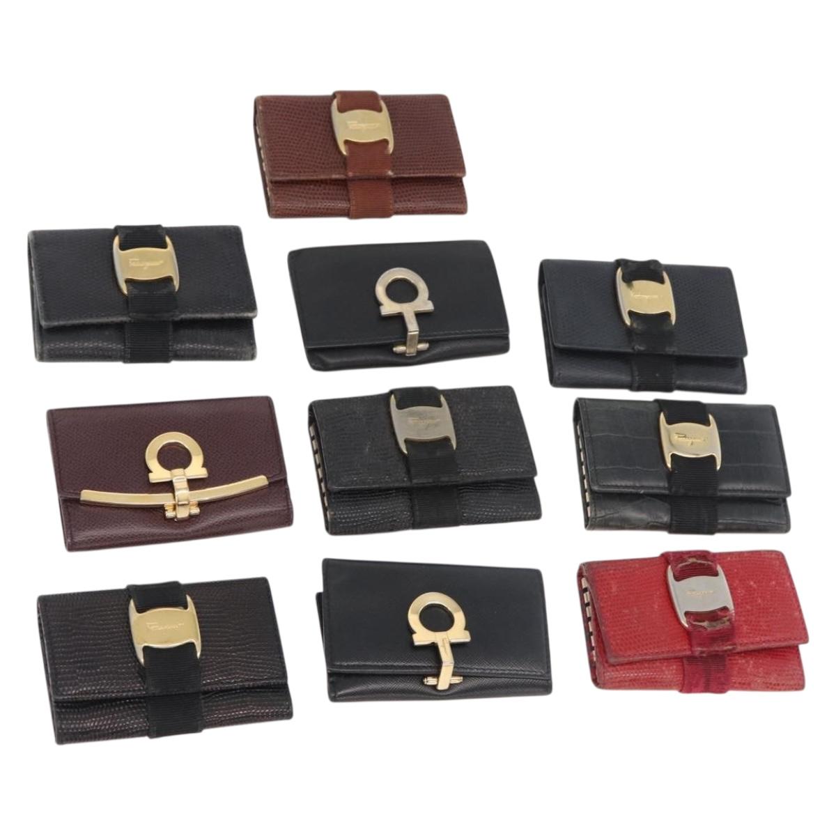 Salvatore Ferragamo Key Case Leather 10 Set Black Red Brown Auth CB271
