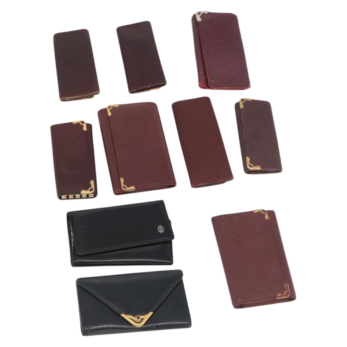 CARTIER Key Case Leather 10 Set Black Bordeaux Auth CB272