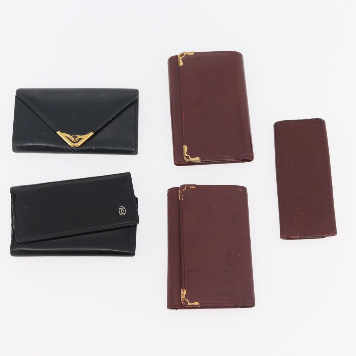 CARTIER Key Case Leather 10 Set Black Bordeaux Auth CB272