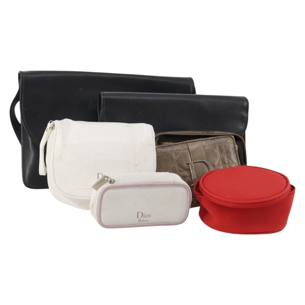 Christian Dior Trotter Canvas Pouch Leather 6 Set White Beige Red Auth CB301