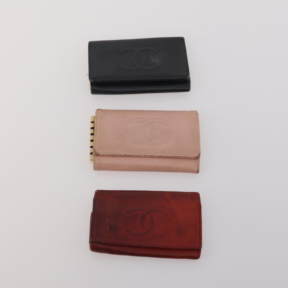 CHANEL Key Case Leather Caviar Skin 10 Set Pink Black purple CC Auth CB309