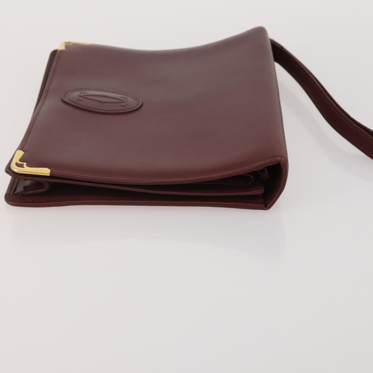 CARTIER Clutch Bag Leather 3 Set Bordeaux Gold Tone Auth CB311