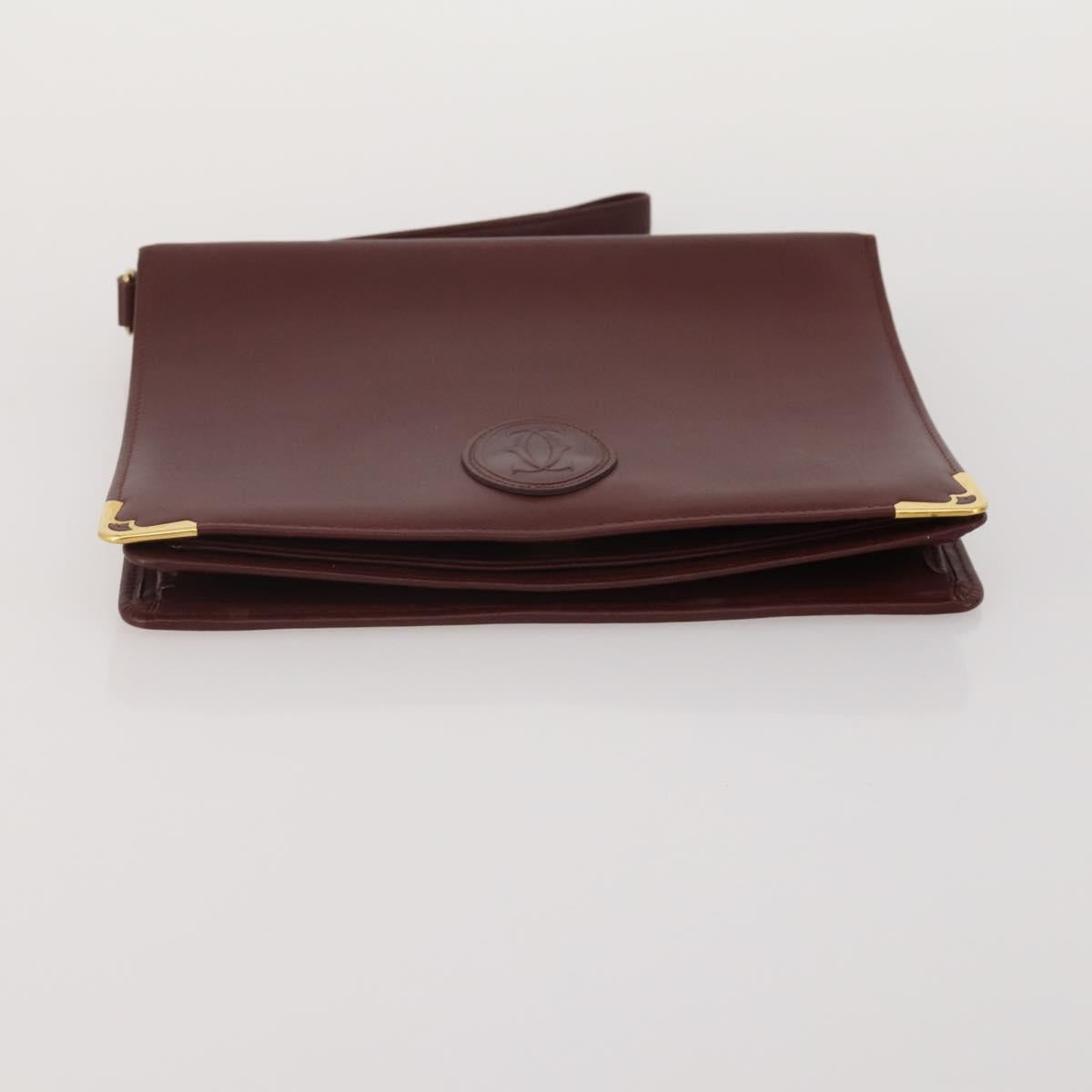 CARTIER Clutch Bag Leather 3 Set Bordeaux Gold Tone Auth CB311