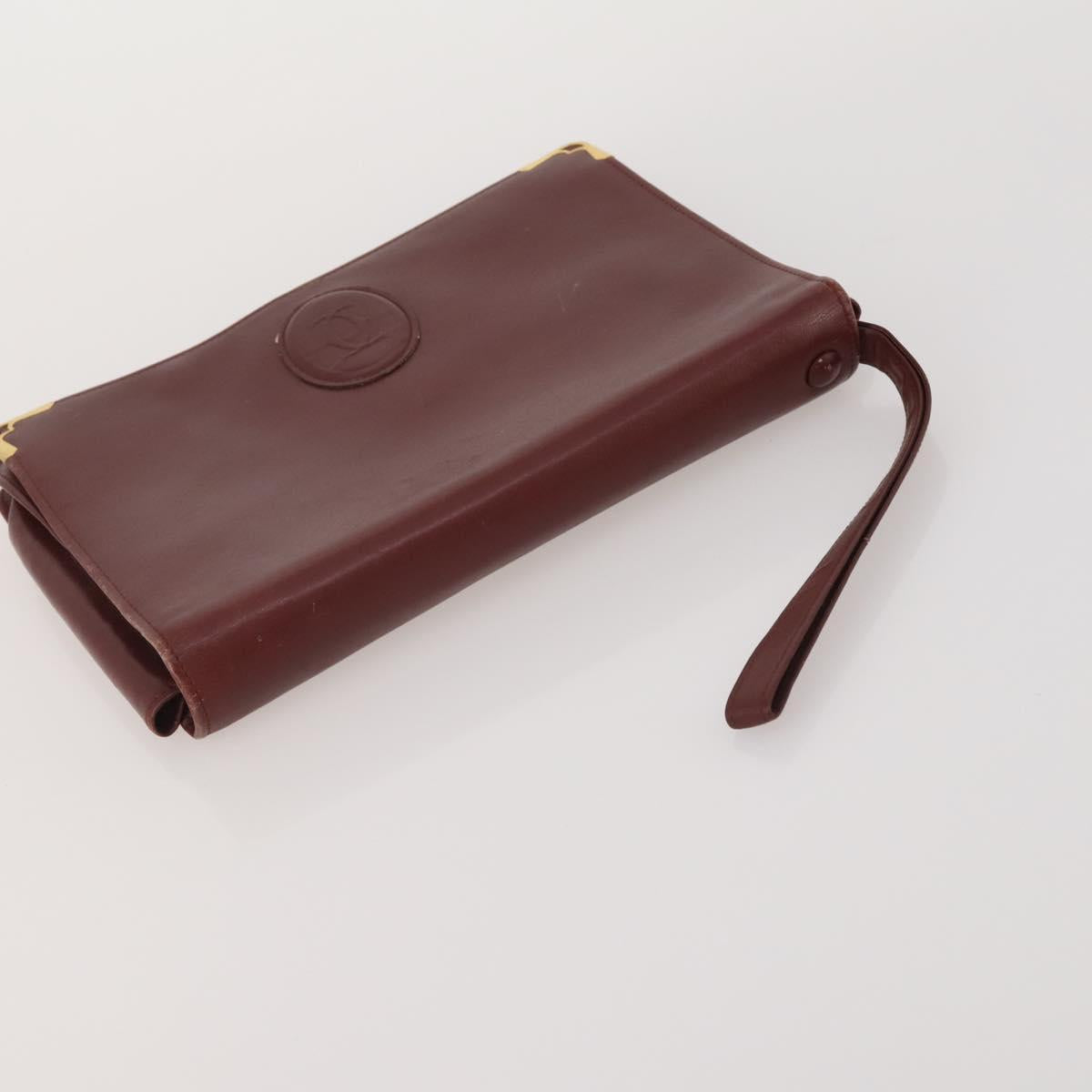 CARTIER Clutch Bag Leather 3 Set Bordeaux Gold Tone Auth CB311