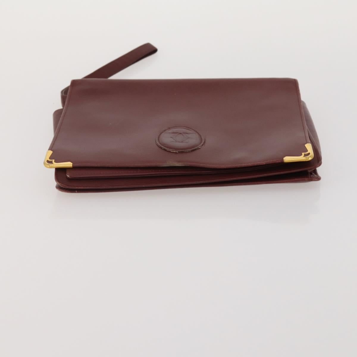 CARTIER Clutch Bag Leather 3 Set Bordeaux Gold Tone Auth CB311