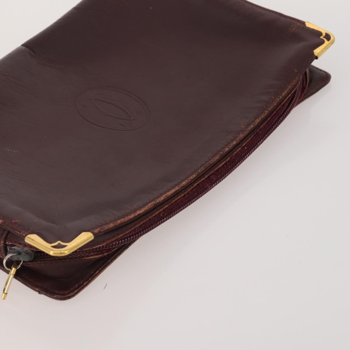 CARTIER Clutch Bag Leather 3 Set Bordeaux Gold Tone Auth CB311