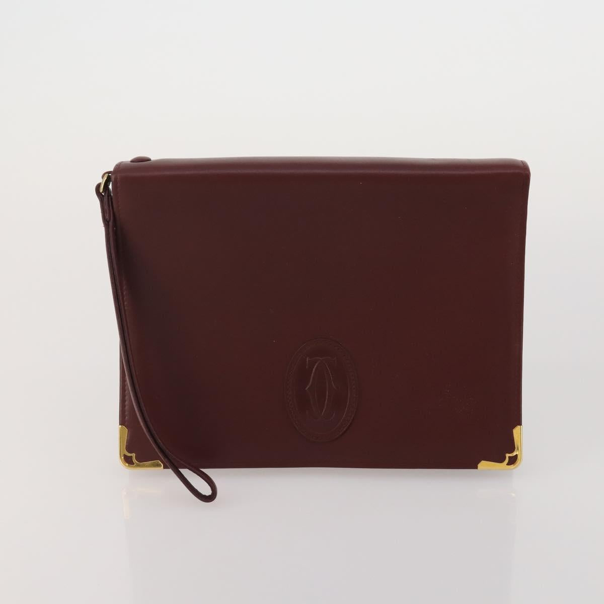 CARTIER Clutch Bag Leather 3 Set Bordeaux Gold Tone Auth CB311