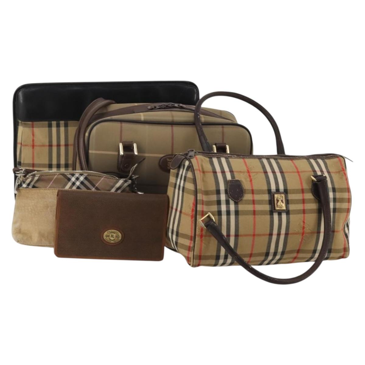 BURBERRY Nova Check Boston Bag Canvas 5 Set Beige Auth CB312