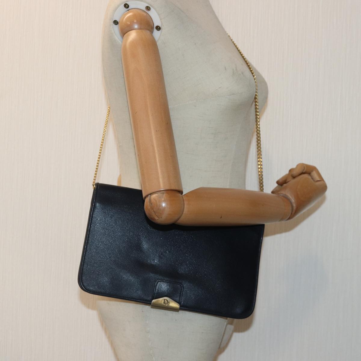 Christian Dior Chain Shoulder Bag Leather Navy Gold Auth cl860