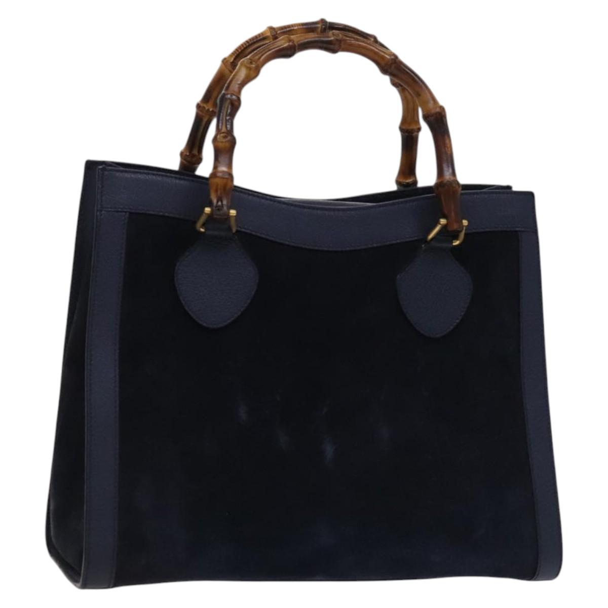 GUCCI Bamboo Hand Bag Suede Leather Navy Gold 002 0260 2615 Auth EC002