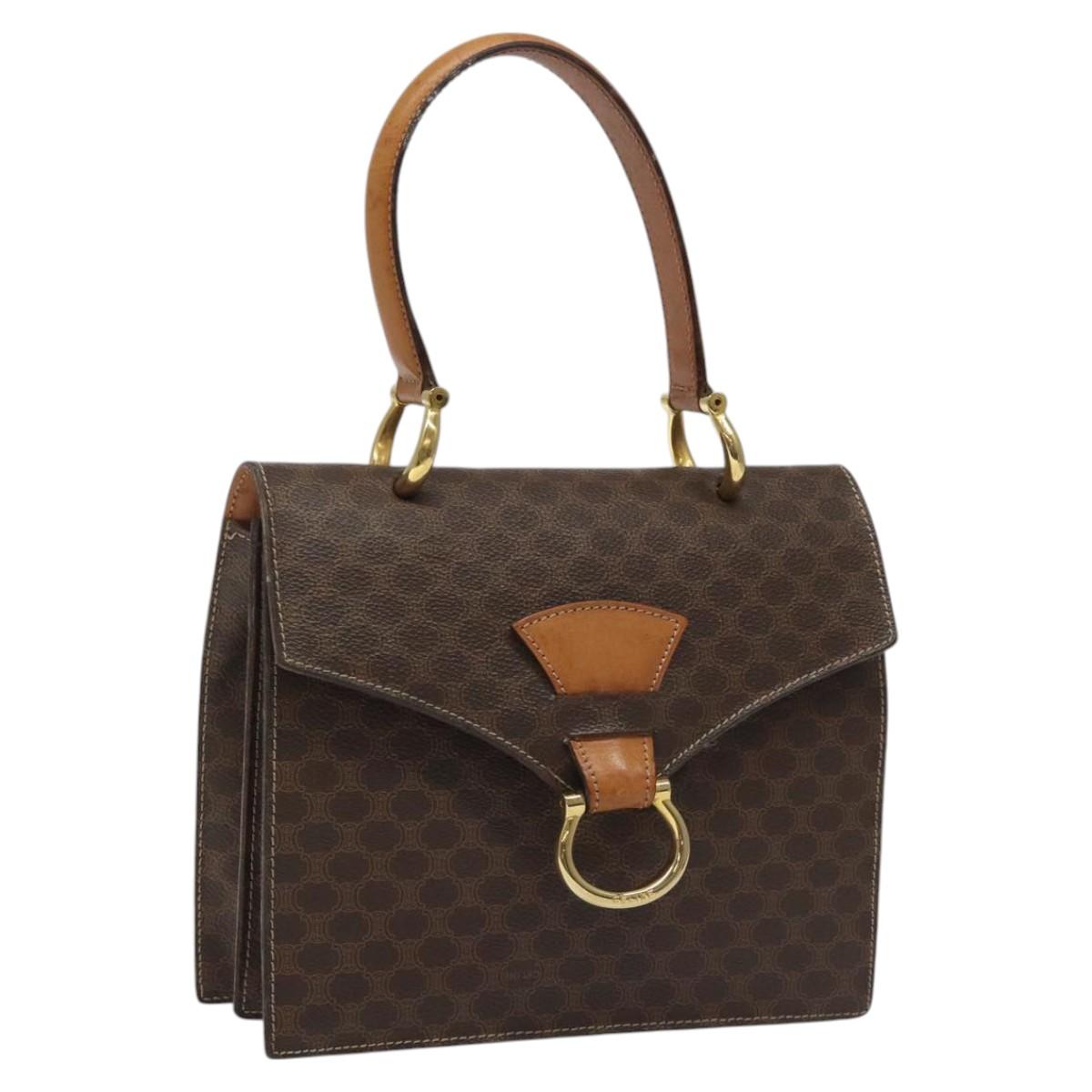 CELINE Macadam Canvas Hand Bag PVC Leather Brown Gold Auth EC006