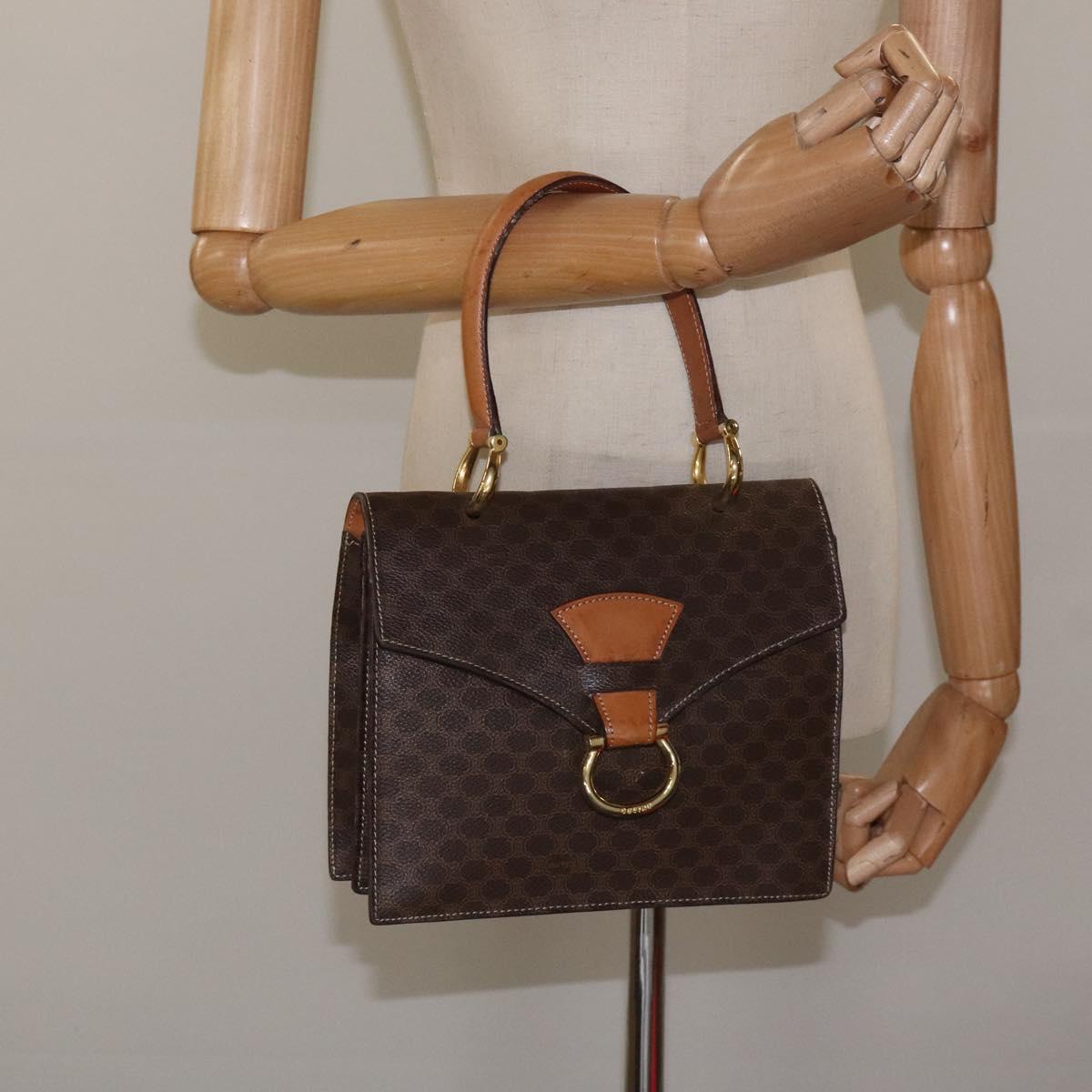 CELINE Macadam Canvas Hand Bag PVC Leather Brown Gold Auth EC006