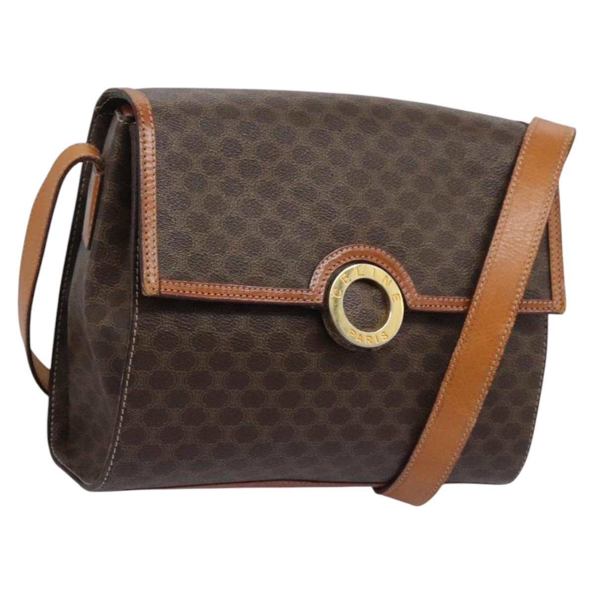 CELINE Macadam Canvas Shoulder Bag PVC Leather Brown Gold Auth EC038