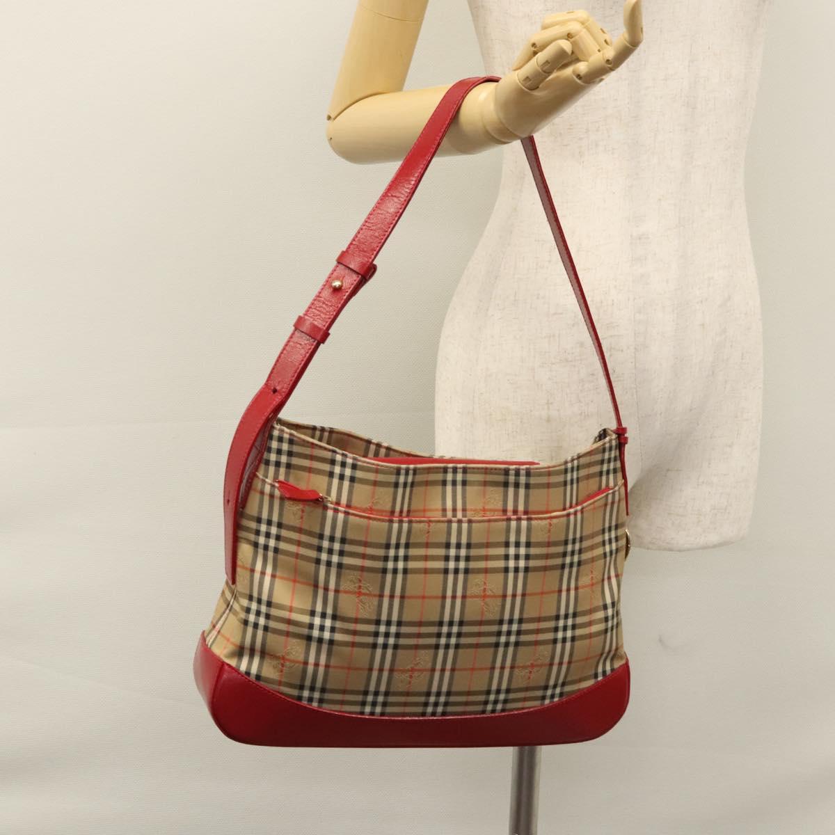Burberrys Nova Check Shoulder Bag Canvas Beige Red gold Auth EC082