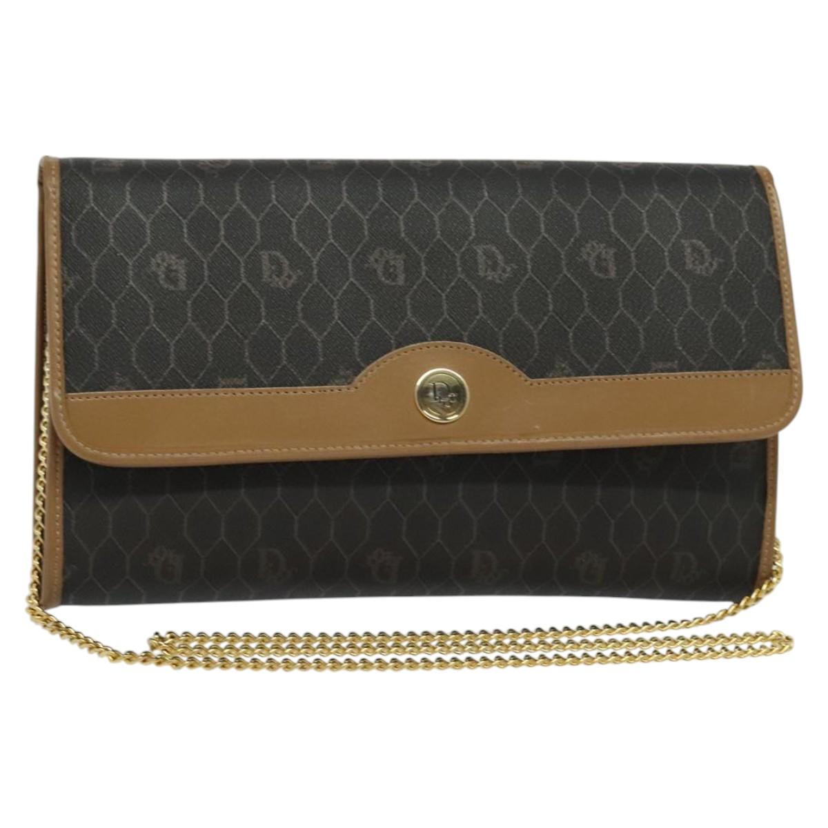 Christian Dior Honeycomb Canvas Chain Shoulder Bag PVC Black Gold Auth EC097