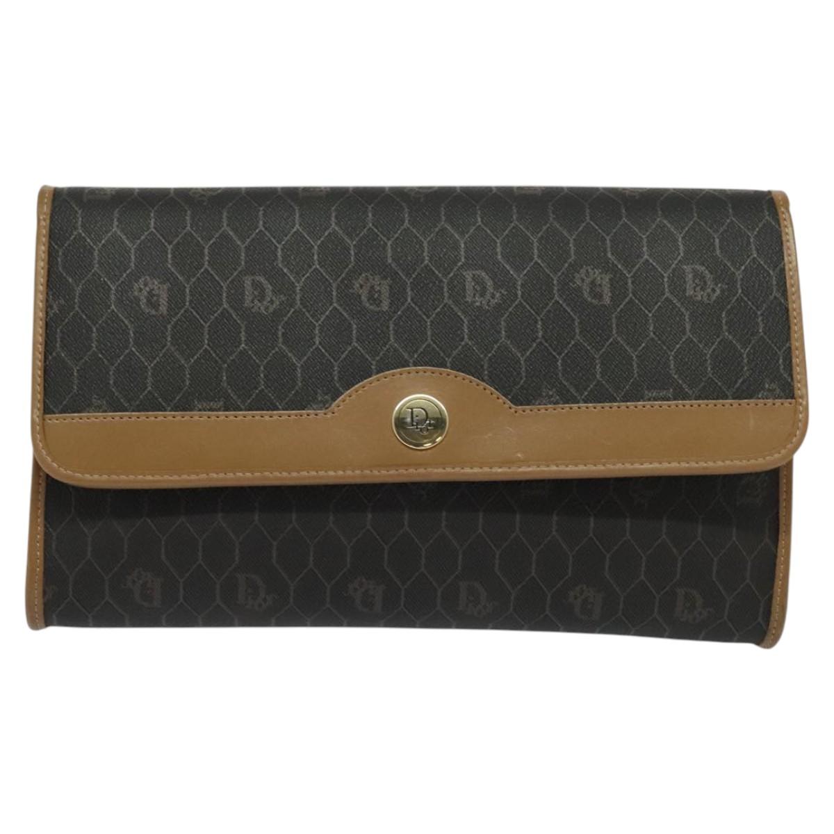 Christian Dior Honeycomb Canvas Chain Shoulder Bag PVC Black Gold Auth EC097