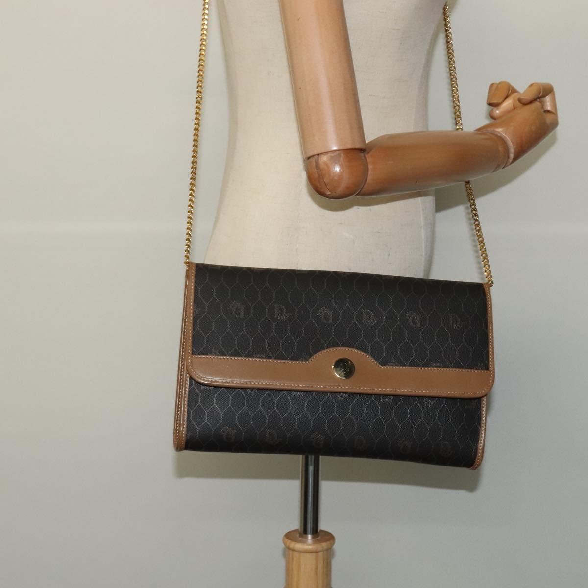 Christian Dior Honeycomb Canvas Chain Shoulder Bag PVC Black Gold Auth EC097