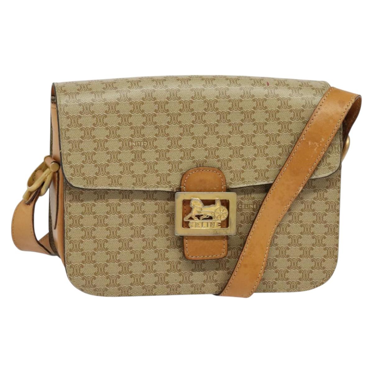 CELINE Macadam Canvas Horse Carriage Shoulder Bag Beige Gold Auth EC1008