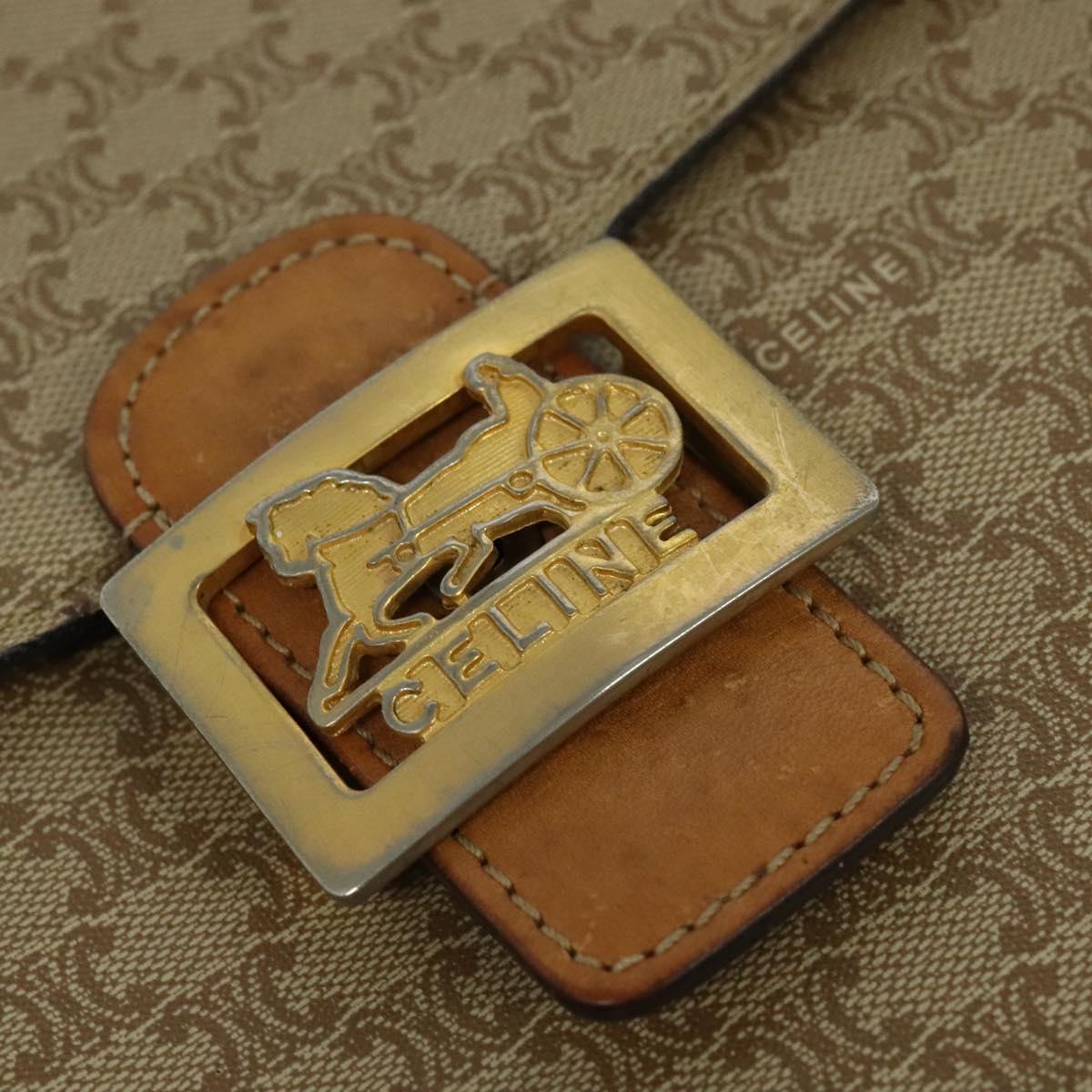 CELINE Macadam Canvas Horse Carriage Shoulder Bag Beige Gold Auth EC1008