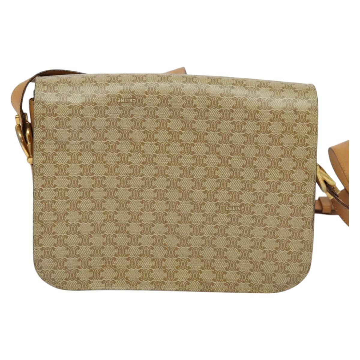 CELINE Macadam Canvas Horse Carriage Shoulder Bag Beige Gold Auth EC1008