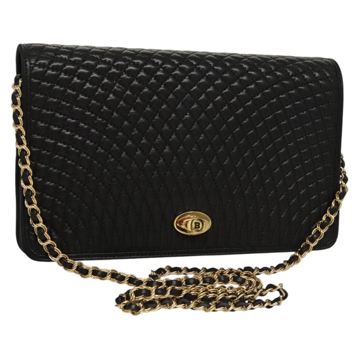 BALLY Chain Shoulder Bag Leather Black Gold Auth EC1031