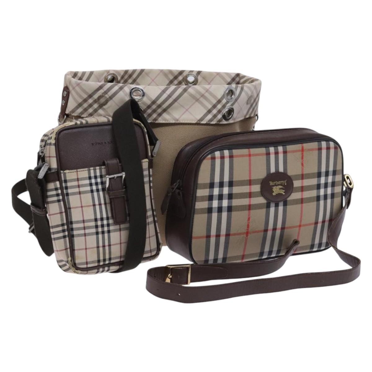 BURBERRY Nova Check Blue Label Shoulder Bag Canvas 3Set Beige Auth EC141