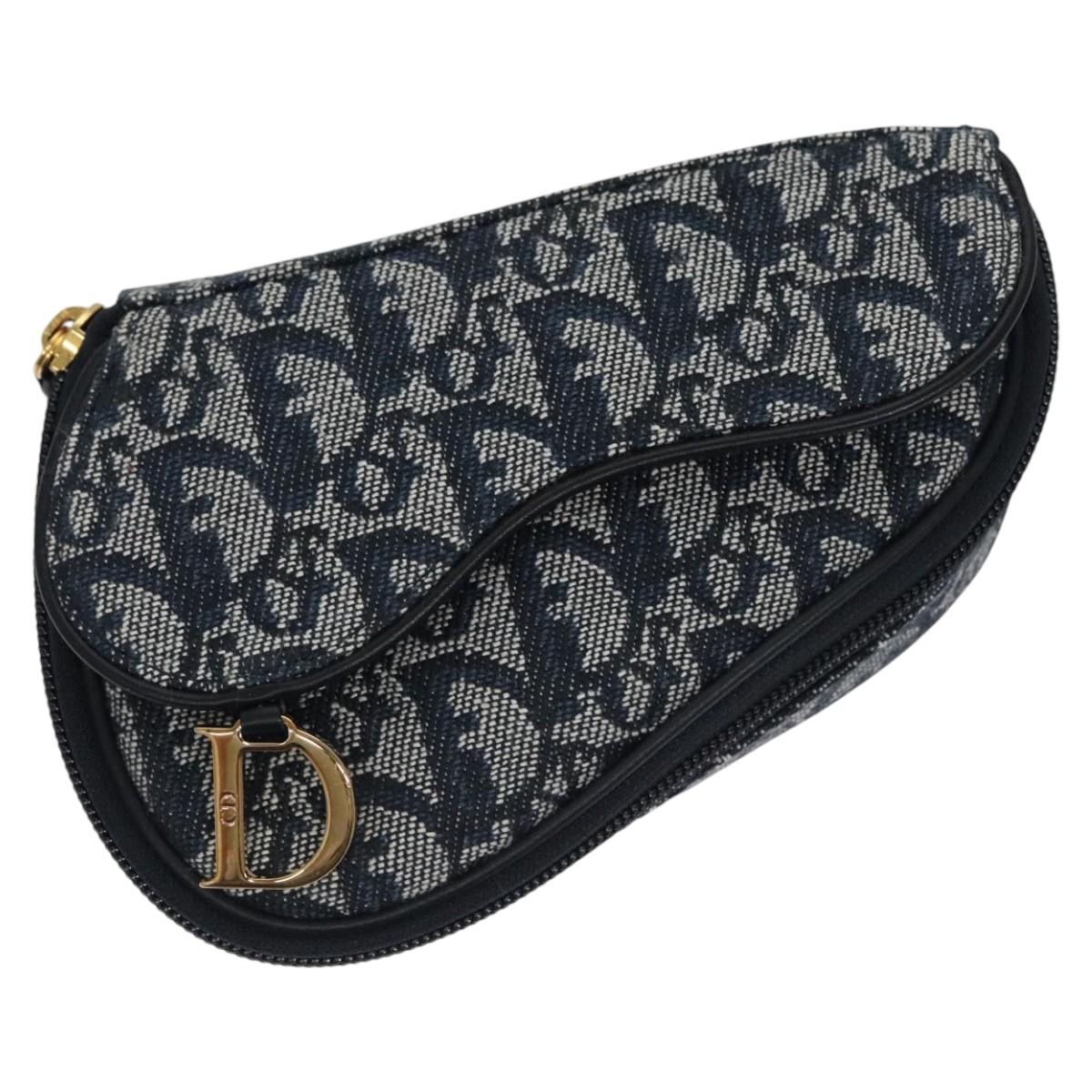 Christian Dior Trotter Canvas Saddle Pouch Navy Gold Auth EC240V