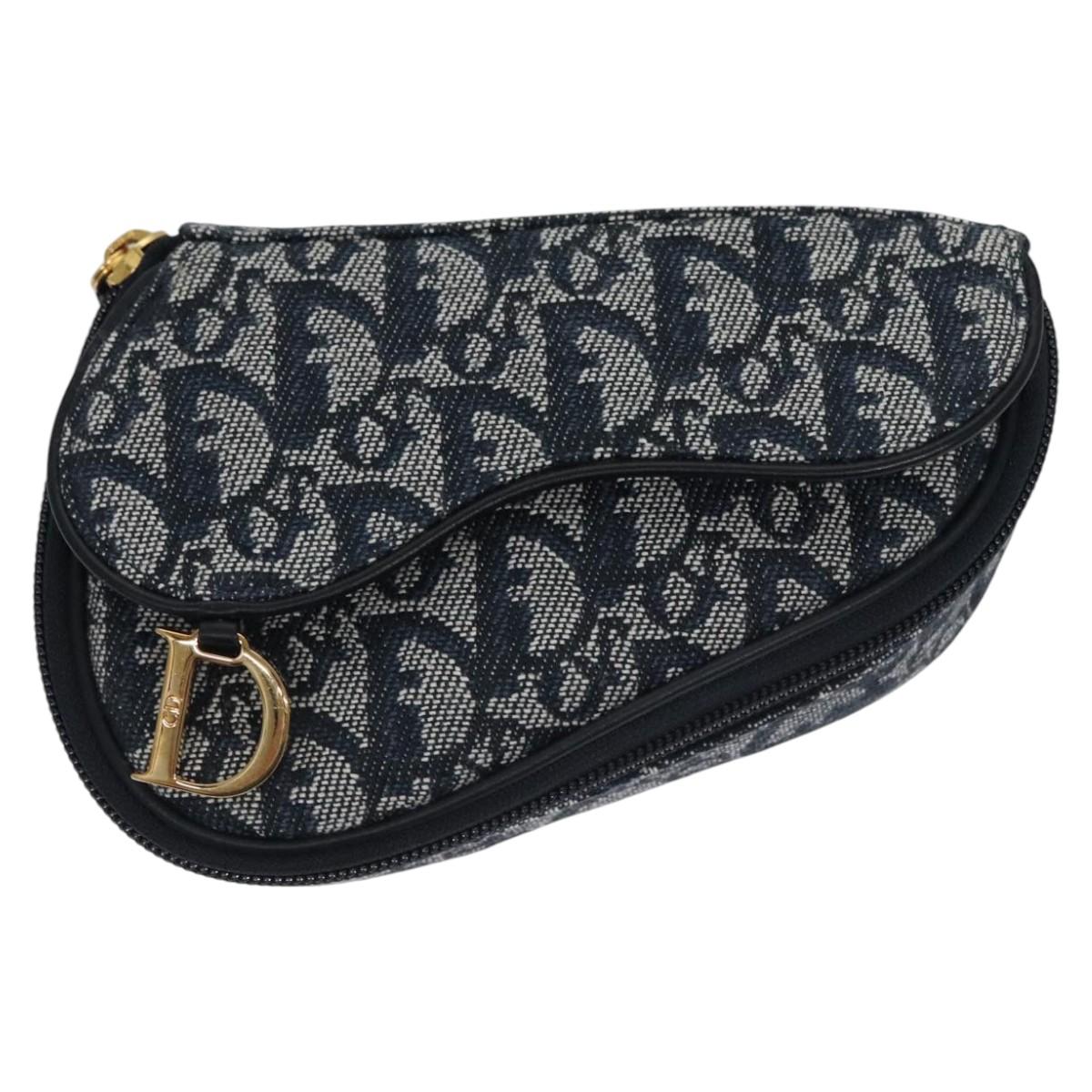 Christian Dior Trotter Canvas Saddle Pouch Navy Gold Auth EC240V