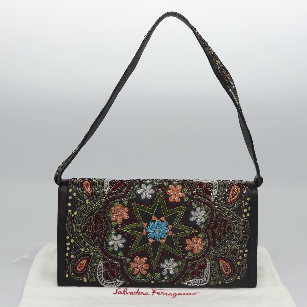 Salvatore Ferragamo Shoulder Bag beads Black Auth EC288V