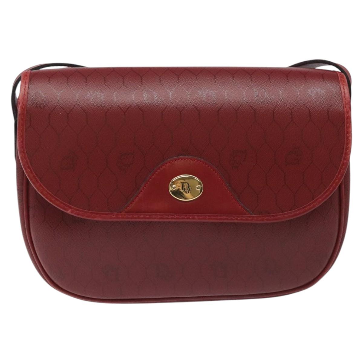 Christian Dior Honeycomb Canvas Shoulder Bag PVC Leather Red Gold Auth EC300