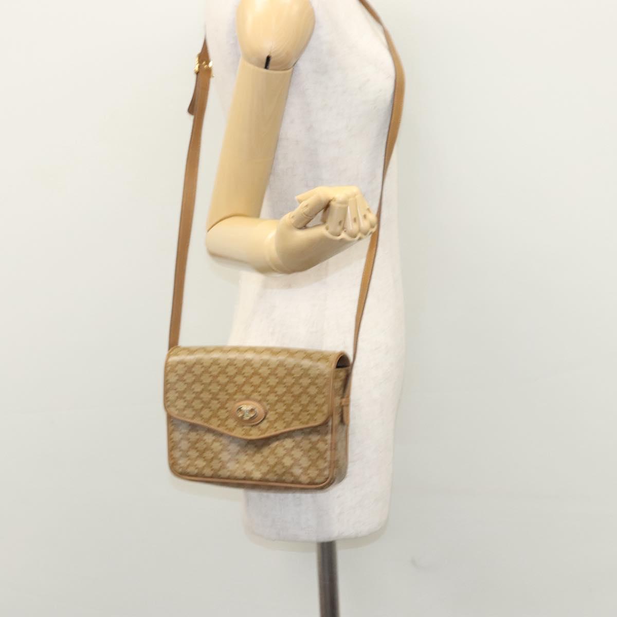 CELINE Macadam Canvas Shoulder Bag Beige Gold Auth EC329