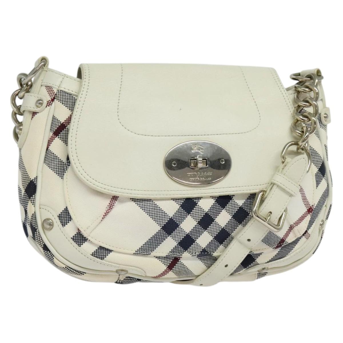 BURBERRY Nova Check Blue Label Bag Canvas Leather White Silver Auth EC349