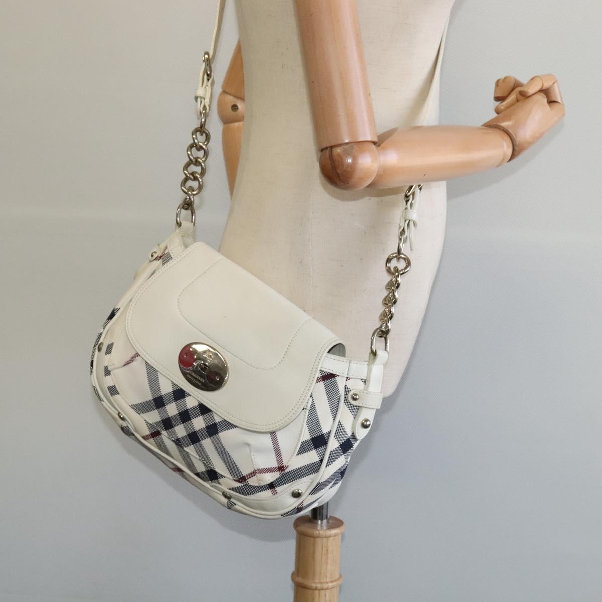 BURBERRY Nova Check Blue Label Bag Canvas Leather White Silver Auth EC349