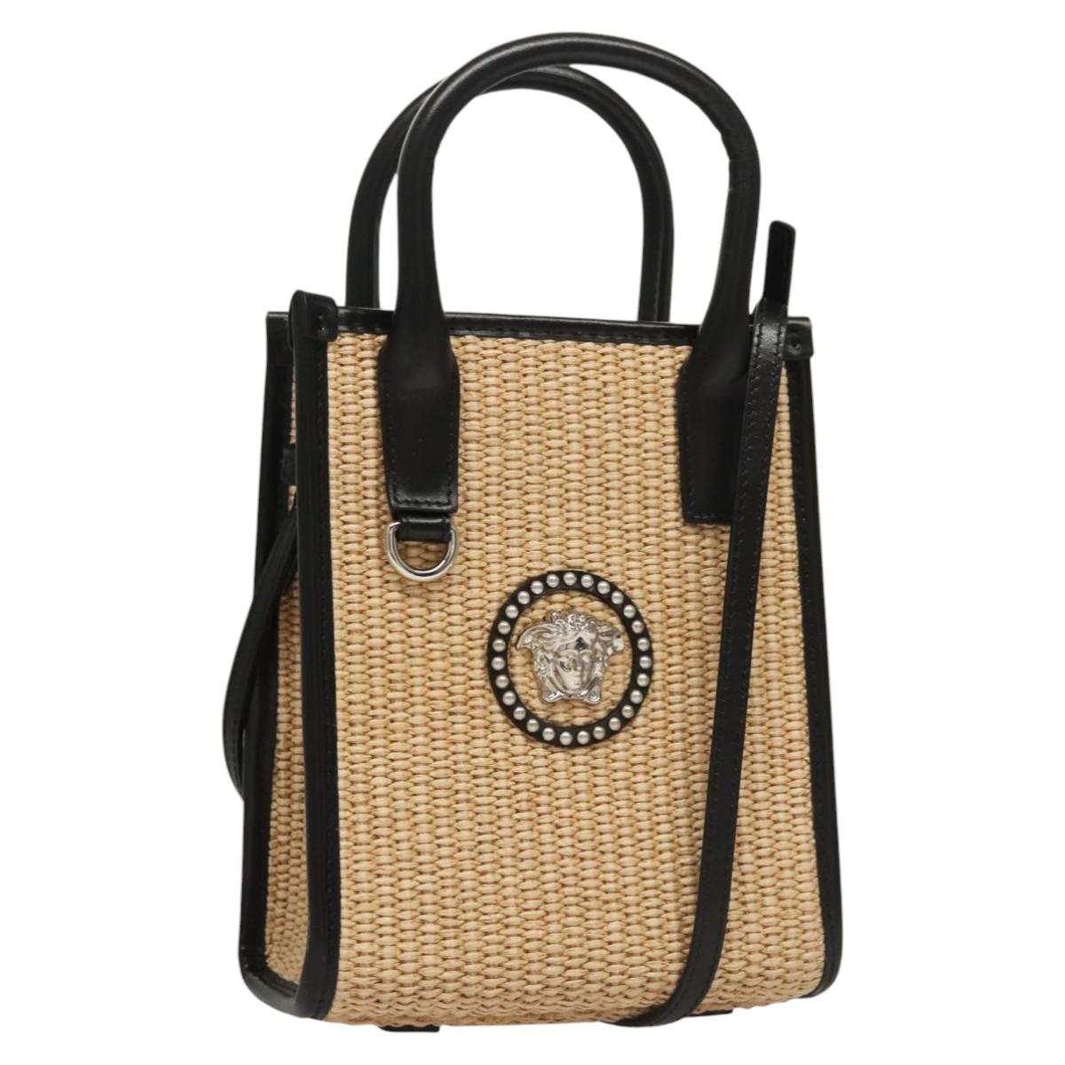 VERSACE Hand Bag Raffia 2way Beige Auth EC391A