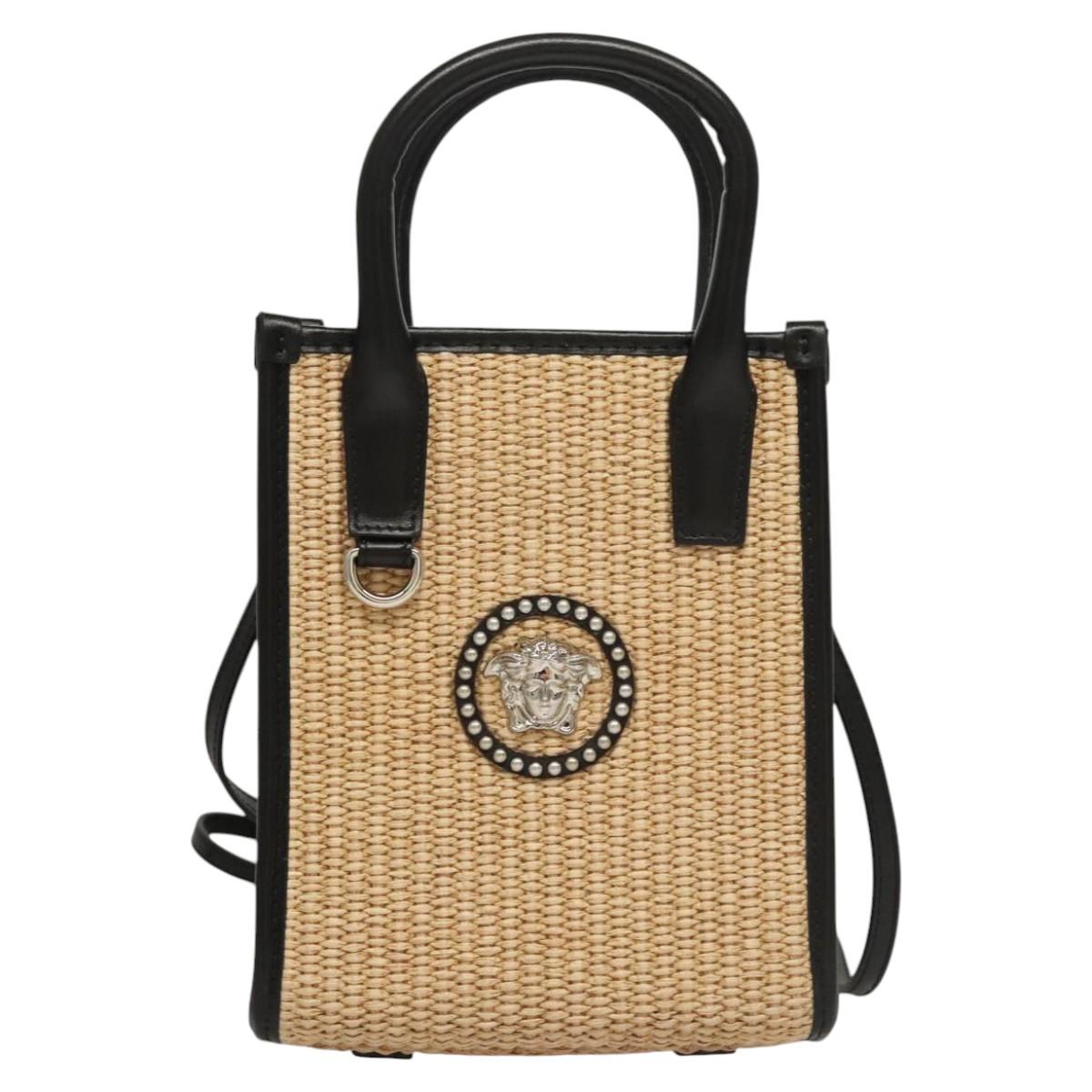 VERSACE Hand Bag Raffia 2way Beige Auth EC391A