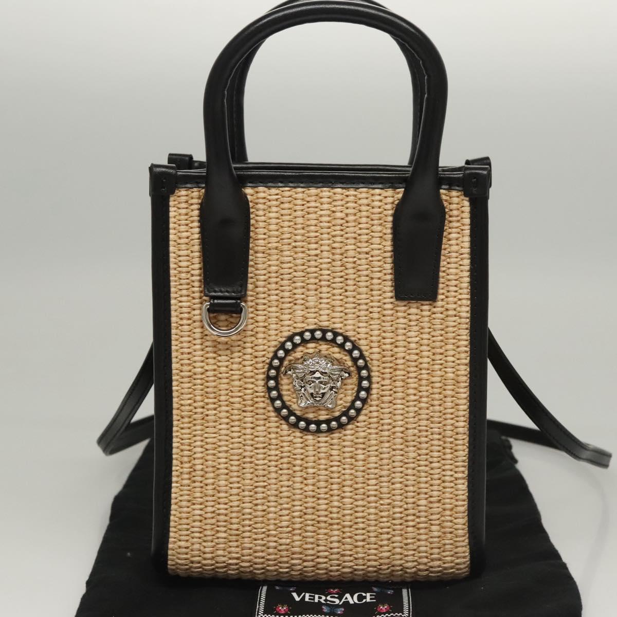 VERSACE Hand Bag Raffia 2way Beige Auth EC391V