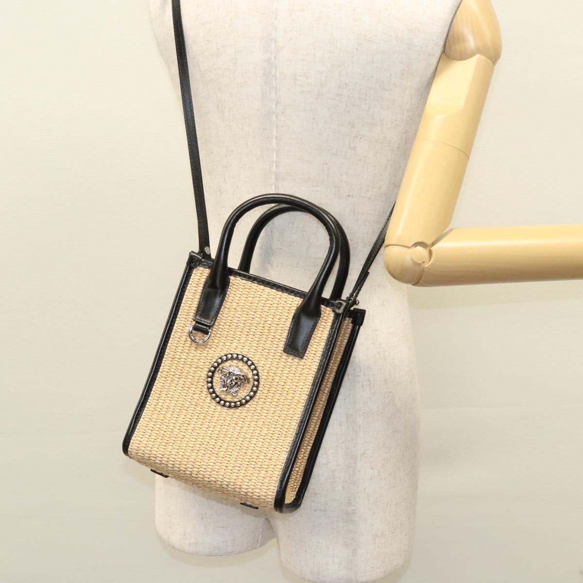 VERSACE Hand Bag Raffia 2way Beige Auth EC391A