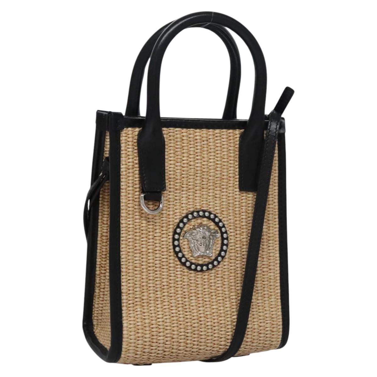 VERSACE Hand Bag Raffia 2way Beige Auth EC393V