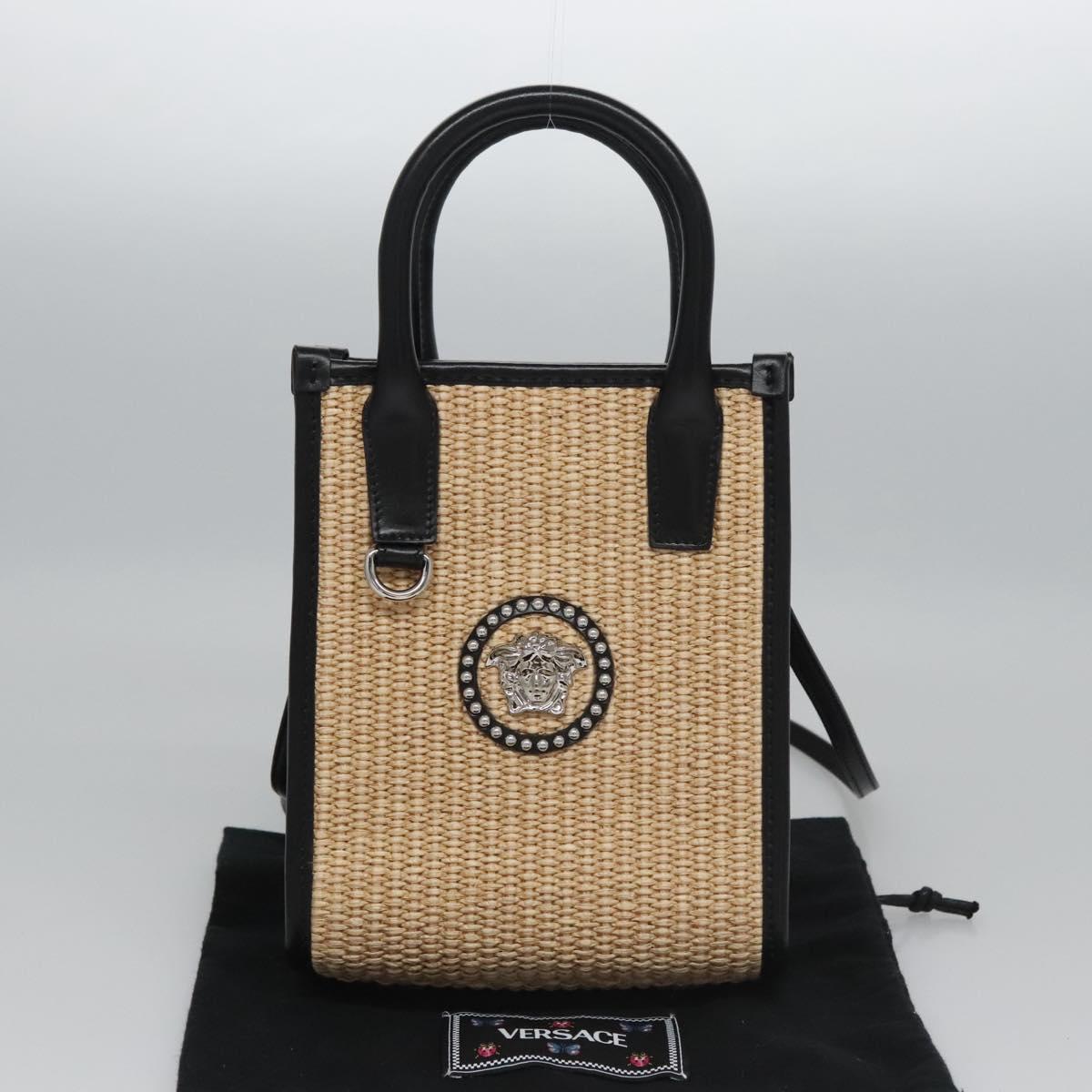 VERSACE Hand Bag Raffia 2way Beige Auth EC393A