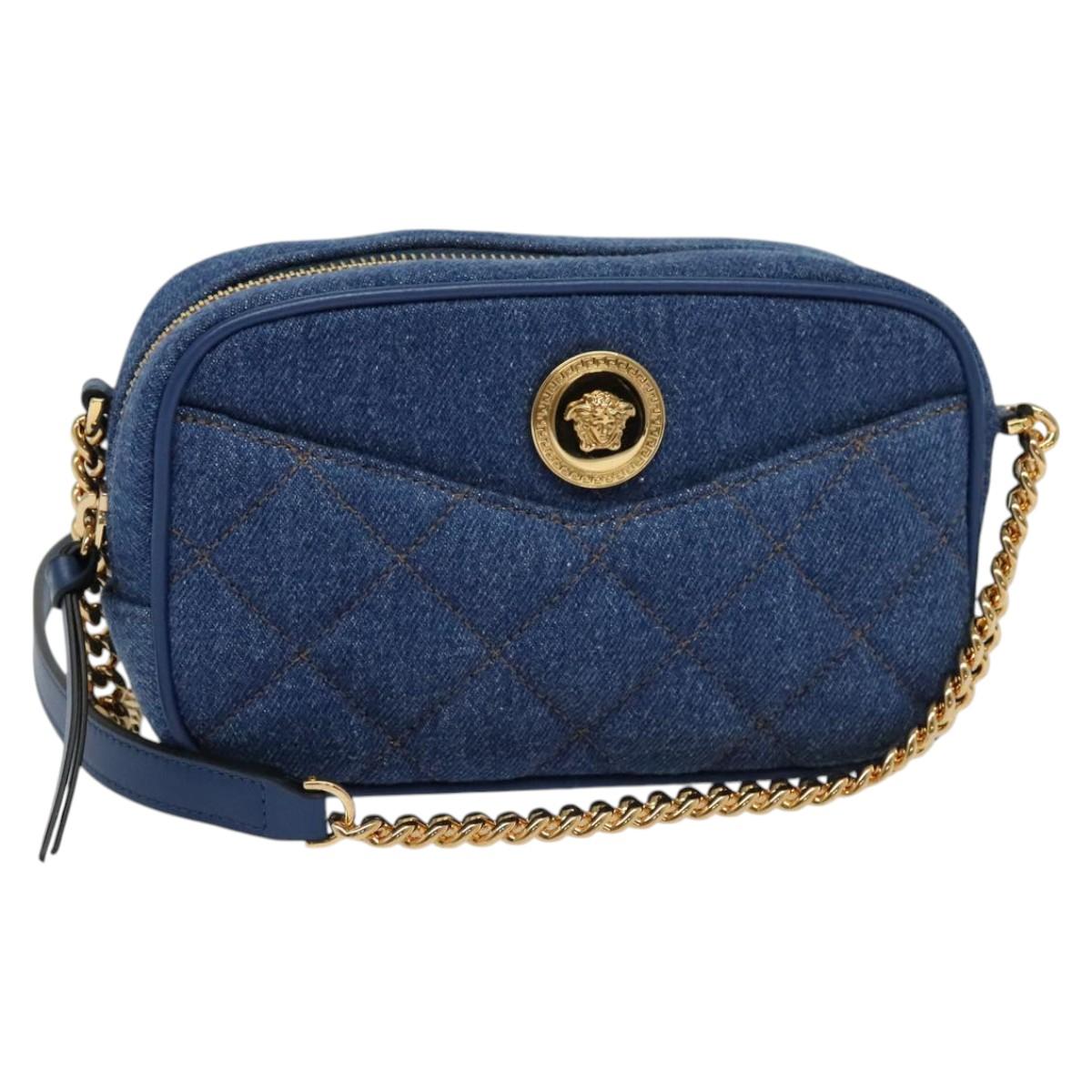 VERSACE Shoulder Bag Denim Blue Gold Auth EC394A