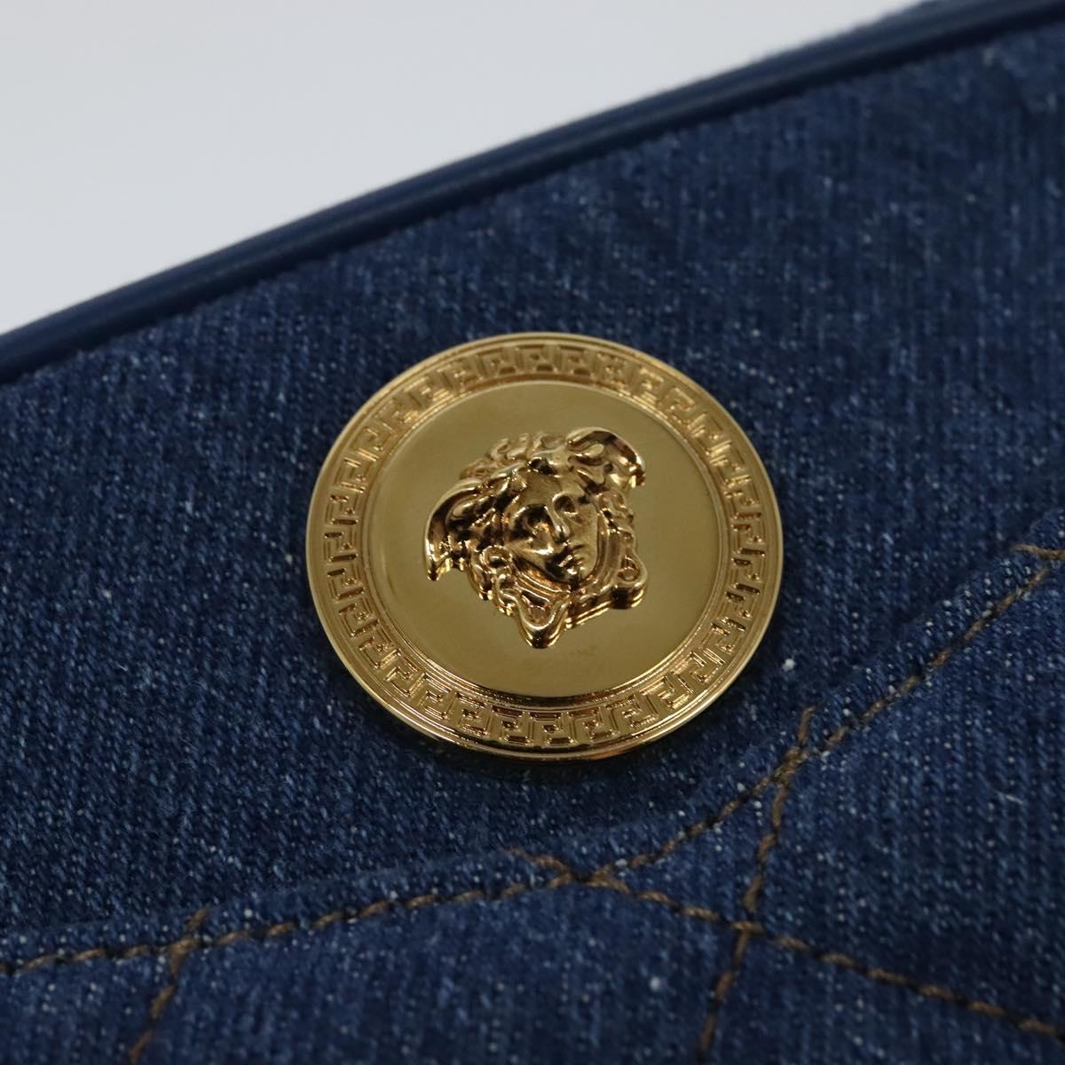 VERSACE Shoulder Bag Denim Blue Gold Auth EC394V