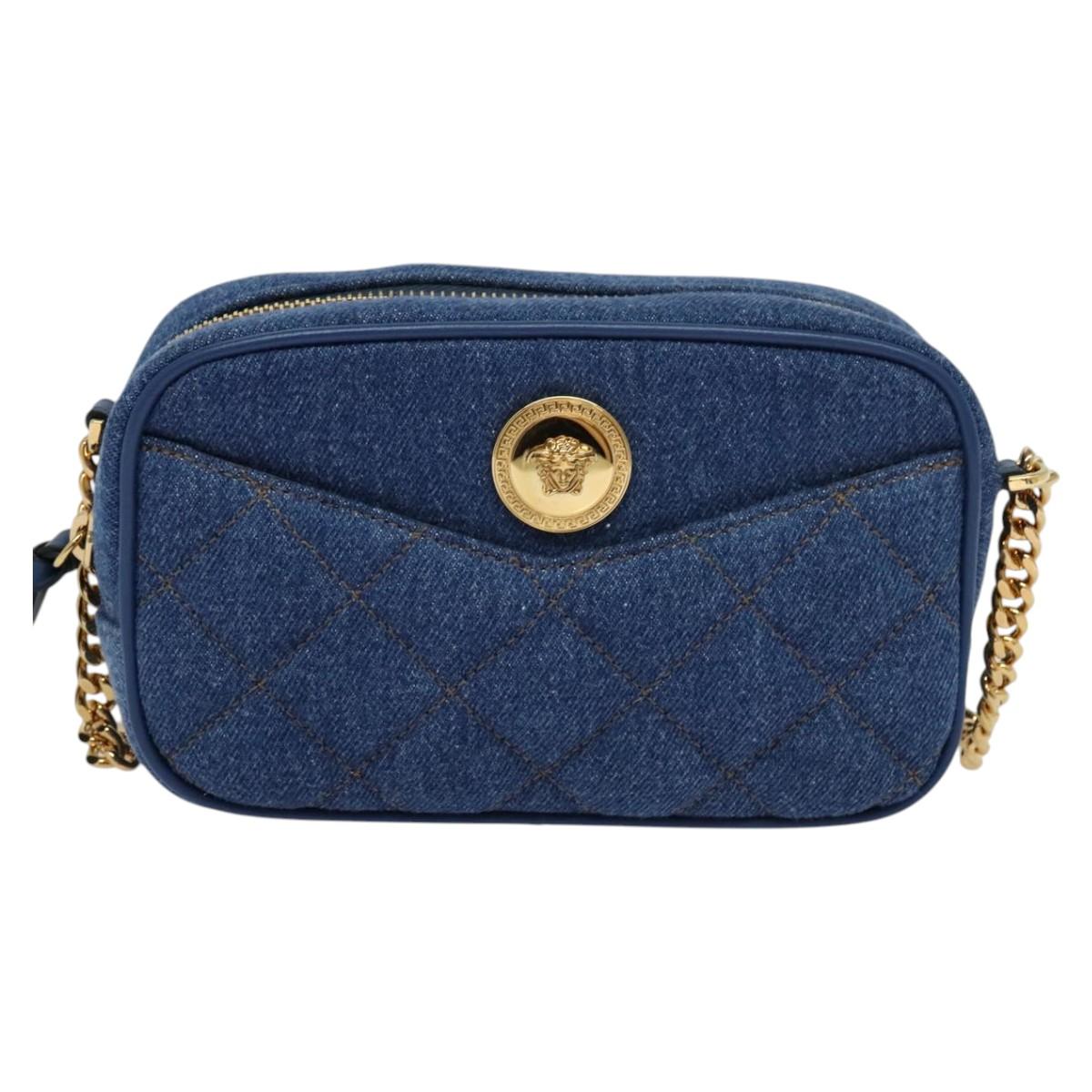 VERSACE Shoulder Bag Denim Blue Gold Auth EC394V