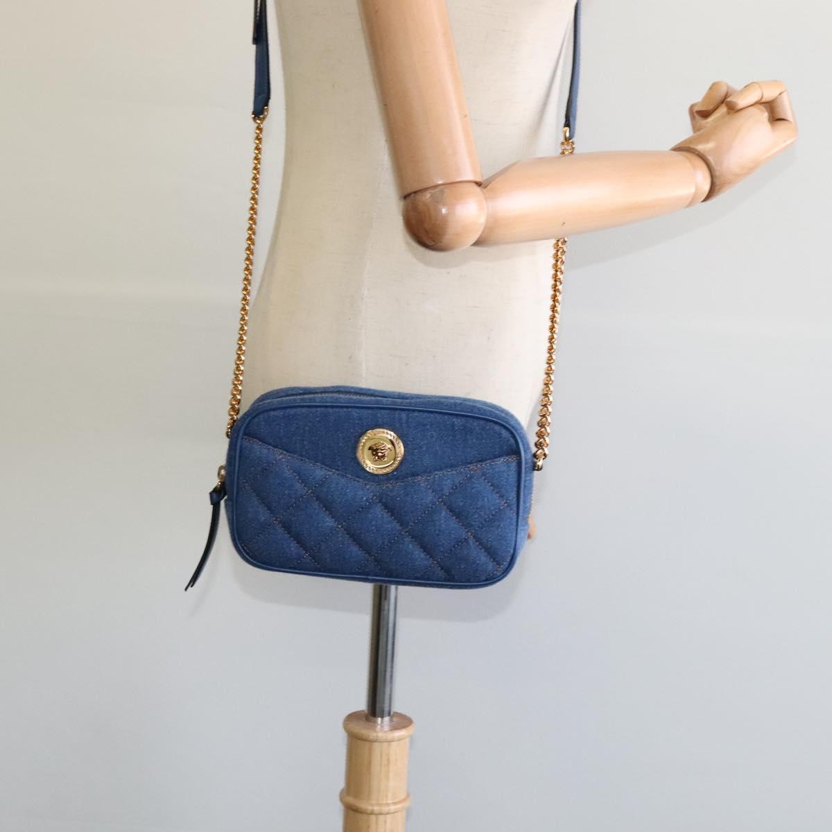 VERSACE Shoulder Bag Denim Blue Gold Auth EC394V