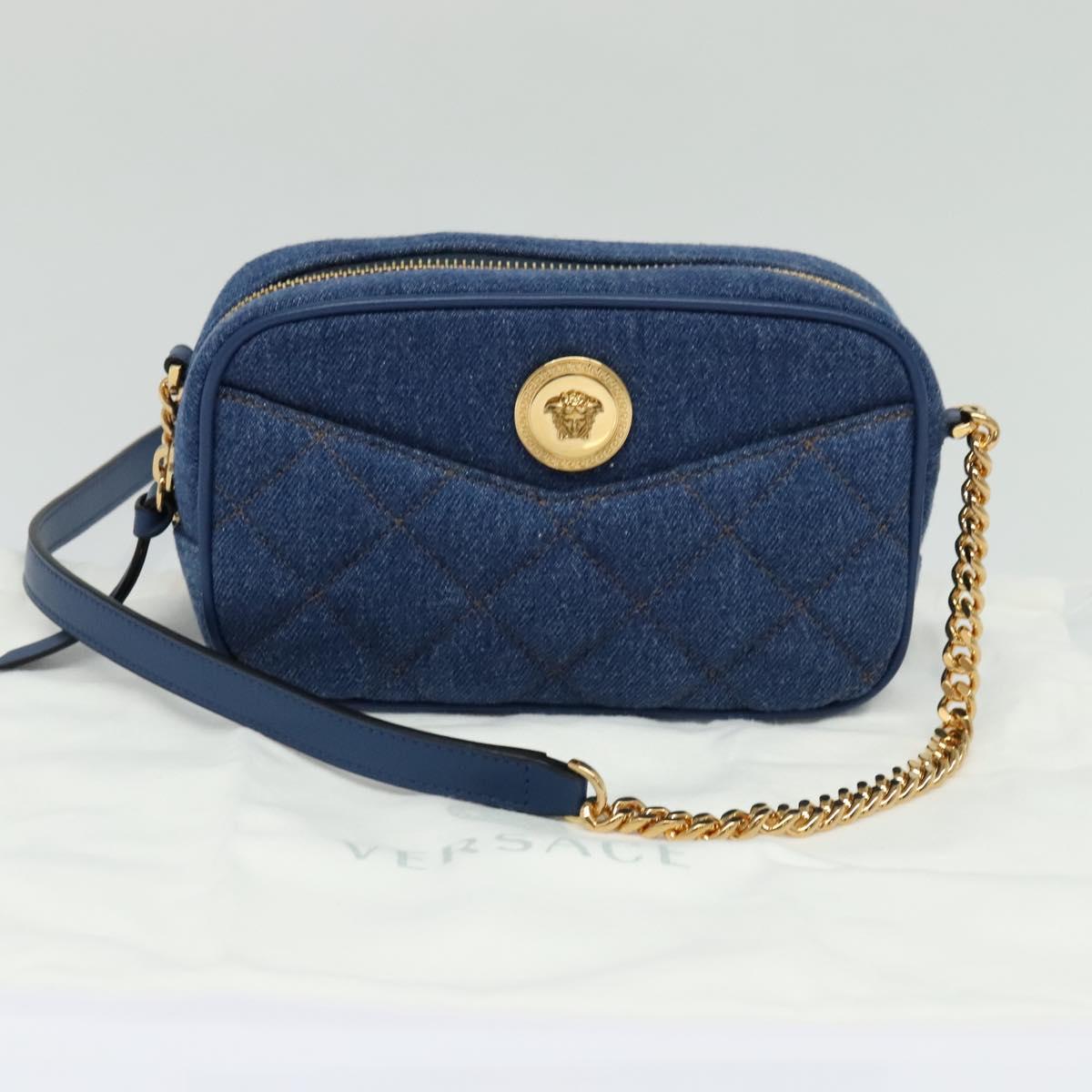 VERSACE Shoulder Bag Denim Blue Gold Auth EC394A