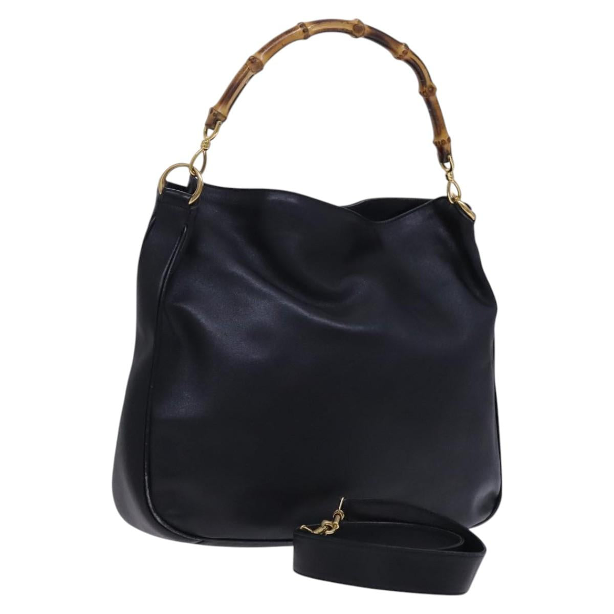 GUCCI Bamboo Hand Bag Leather 2way Black Gold 001 1577 Auth EC403