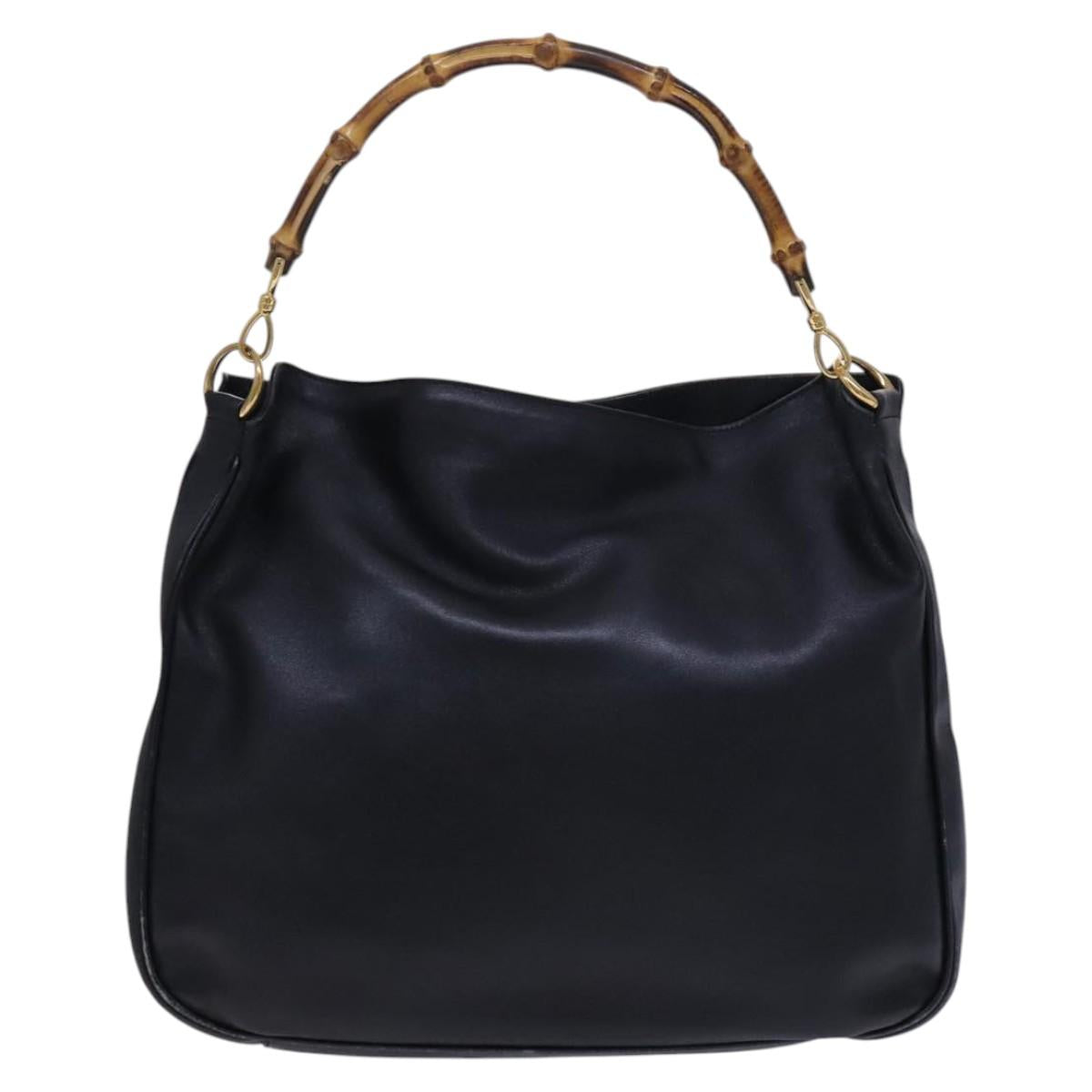 GUCCI Bamboo Hand Bag Leather 2way Black Gold 001 1577 Auth EC403