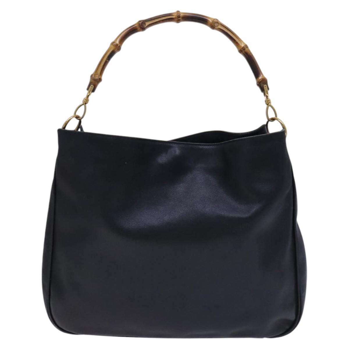 GUCCI Bamboo Hand Bag Leather 2way Black Gold 001 1577 Auth EC403