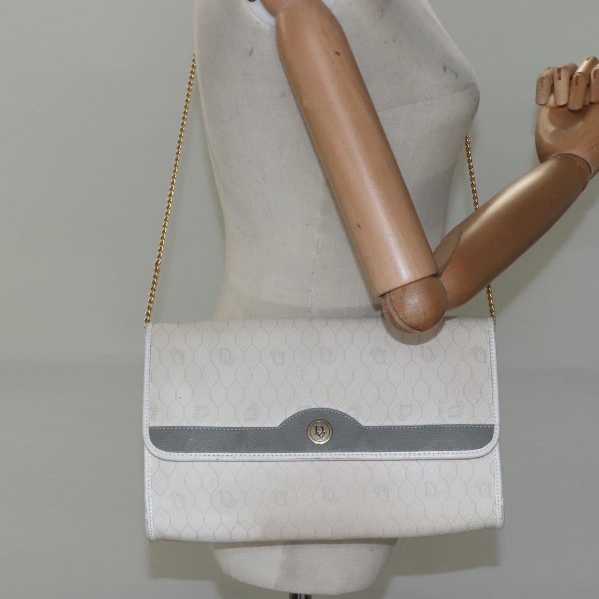 Christian Dior Honeycomb Canvas Chain Shoulder Bag PVC Leather White Auth EC494