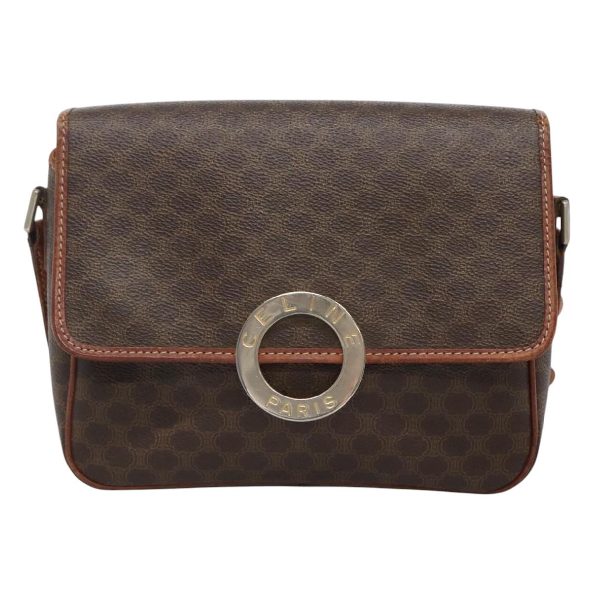 CELINE Macadam Canvas Circle Shoulder Bag PVC Leather Brown Gold Auth EC528